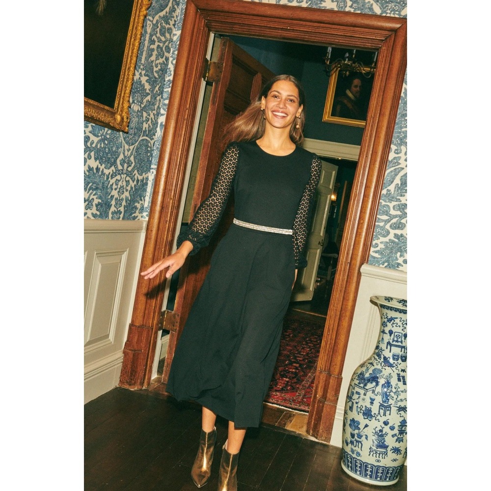 Boden Sleeve Detail Midi Dress Black Eyelet Lace Long Sleeve 4P